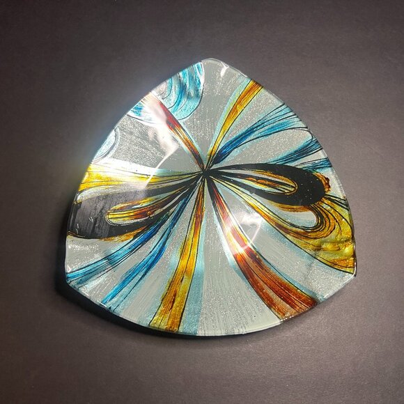 Metallic Quadrifoglio Abstract Art Glass Triangular Trinket Candy Dish Bowl 7.5" - Picture 1 of 6
